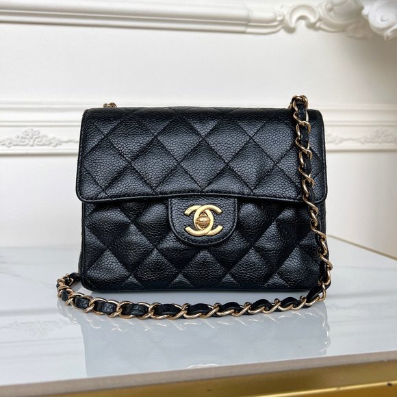 Authentic Chanel Classic Square Black Caviar Leather Mini Crossbody Bag B0846 - Picture 1 of 16